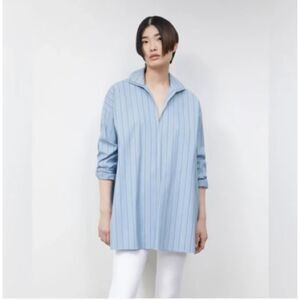 Lafayette 148 New York Blue Striped Stretch Cotton Bristol Tunic Shirt Top S